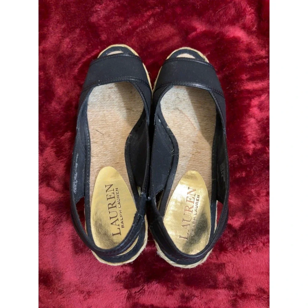 Lauren Ralph Lauren Catrin Black Espadrille Wedge Slingback Sandals Peep Toe 5B